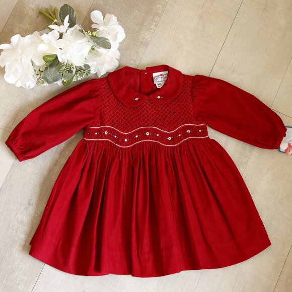 Red 100% Corduroy Smocked Dress Traditional Size 6/9 Months Boutique NWT - Picture 1 of 5